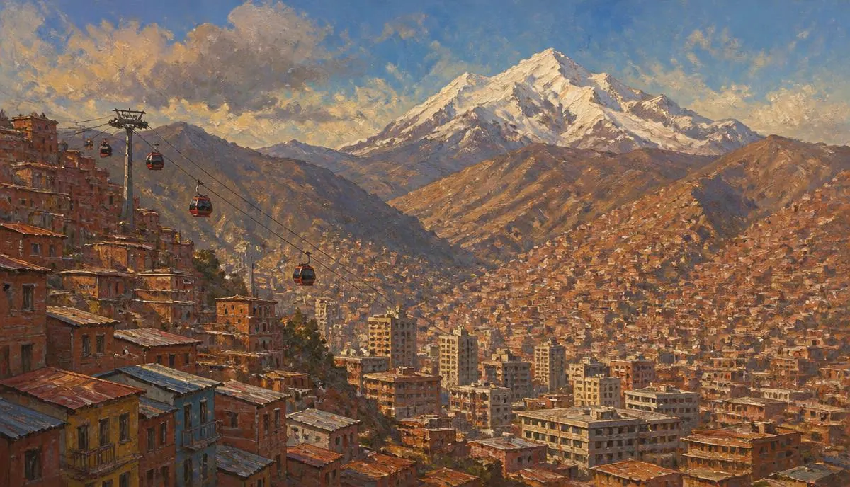 لوحة فنية لمدينة لاباز البوليفية مع شبكة التلفريك بين المرتفعات