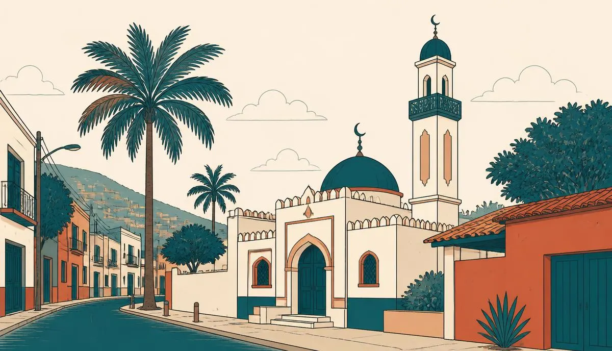 لوحة فنية لمسجد في بوليفيا مع مجتمع مسلم متنوع